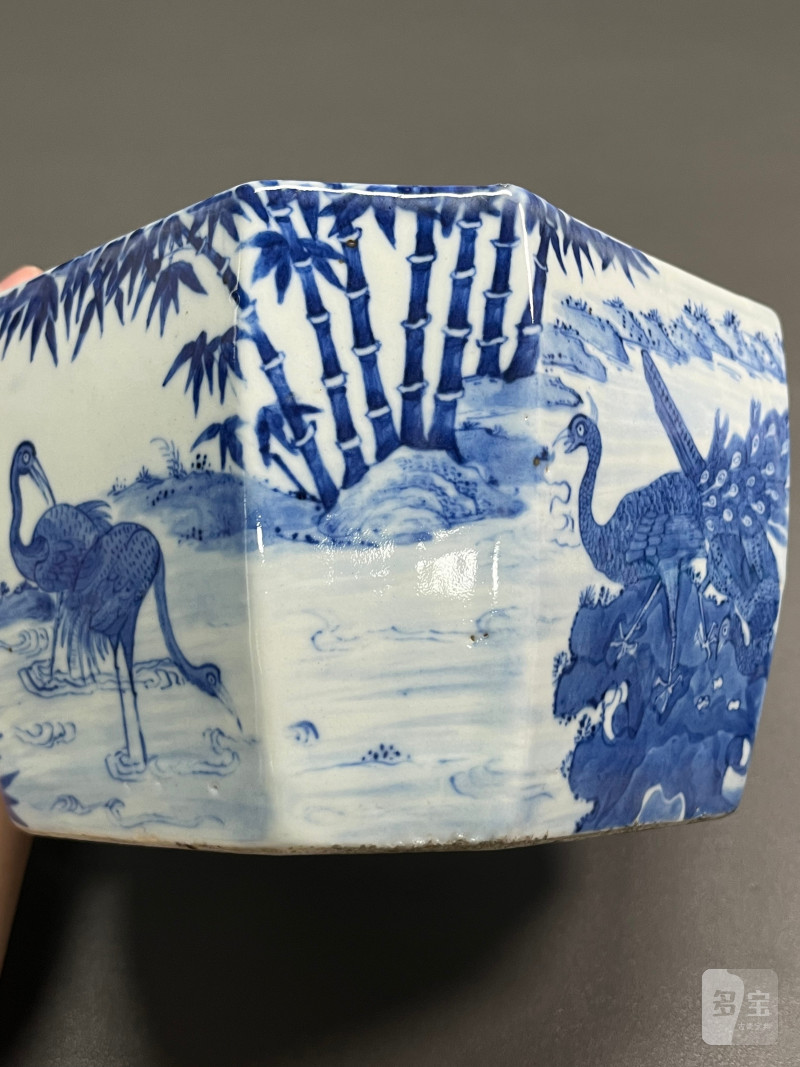 清道光  青花“五客图”诗文八方水指（带日本茶道配盖） - 图10